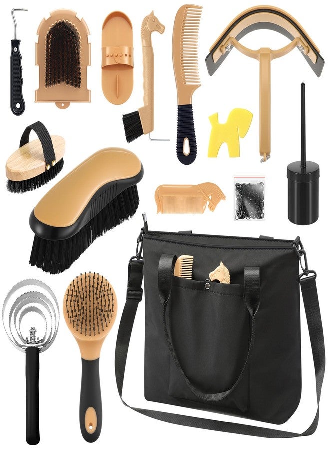 Abbylike 15 Pieces Horse Grooming Kit with Organizer Tote Bag Tack Room Supplies Horse Brush Sets Care Equine Cleaning Kit Shedding Grooming Massaging Tools(Black) - Image 1